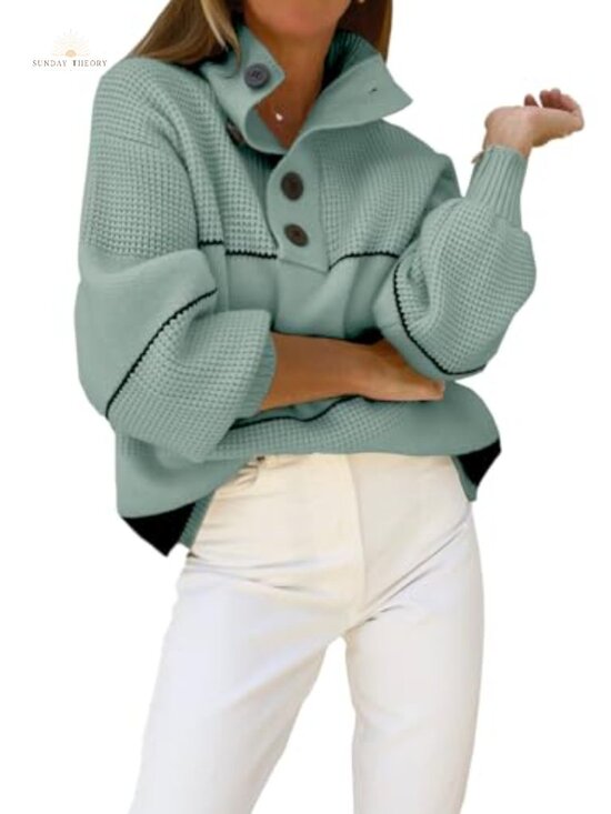Sweaters - Oversized Waffle Knit Polo Collared Pullover Sweater Button Turtleneck